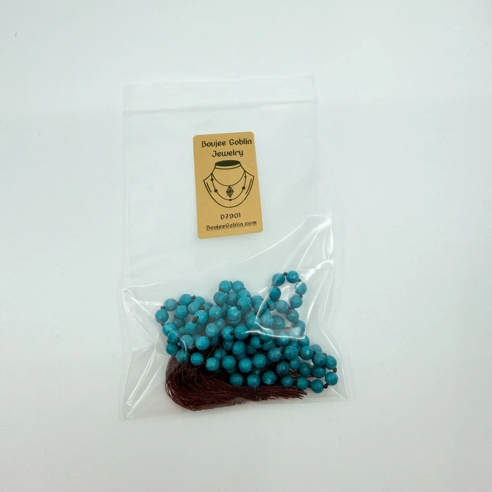 Necklace Vintage Bright Blue Stone‎ Knotted Mala Brown Tassel Boho Statement 90s